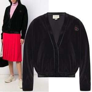 GUCCI CARDIGAN TOP BLACK VELVET COTTON CHENILLE WITH LOGO EMBROIDERY sz XL